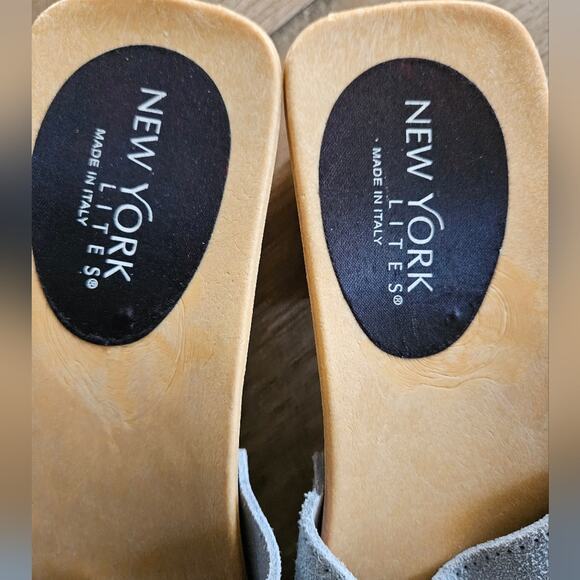 New York Lites wooden Sandal in gray suede leather sandals clogs  size 10 - Picture 14 of 17